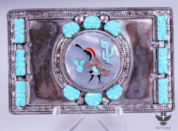 Rare Zuni Navajo Buckle Gürtelschnalle mit Türkis Perlmutt Vogel Unikat LON YOSE Native 925 Silber