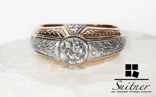 antiker Ring mit großem Diamant 1,20ct. 585 Weißgold Roségold Venedig Floral