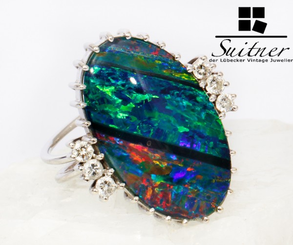 großer Brillant Opal Ring 585 Weißgold Gr. 61 Black Opal 70er Jahre Vintage Gold