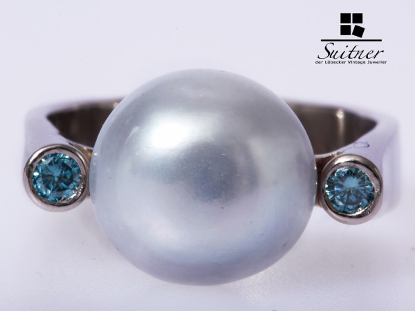seltener Perlen Ring mit blauen Brillanten 585 Weißgold Gr. 59 Unikat Blue Diamonds