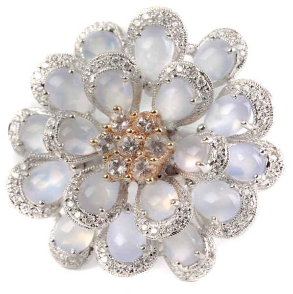 7,25ct. Blumenring Mondsteine Brillanten 750 Weißgold padparadscha Saphir RG 53