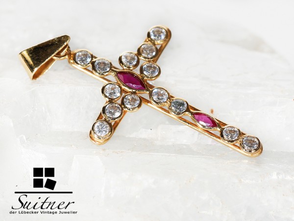Juwelen Kreuz Anhänger mit Zirkonia und syn. Rubin wie Brillant Cross