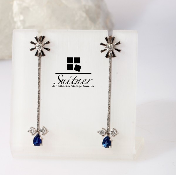 Luxus Saphir Ohrringe Hänger mit Brillant 750 Weißgold Stab Kornblumenblau