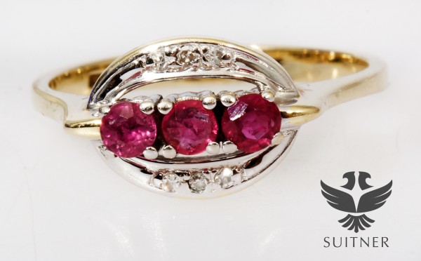 toller Art Deco aus 585 Gold Ring mit Diamant und Rubinen Gr. 55