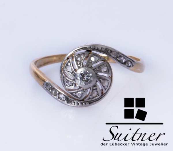 antiker Art Deco Ring mit Diamanten aus 585 Gold Gr. 53 Schnecke rund