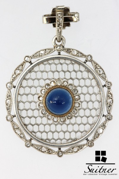 Medaillon Platin Saphir 585 Gold Andenken Anf. 19. Jhdt Trauerschmuck