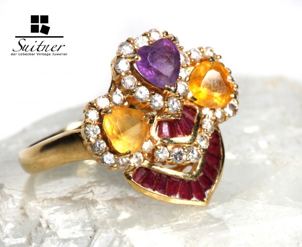 multicolor Ring mit Brillanten, Citrin, Rubin und Amethyst 750 Gold Blume Herz