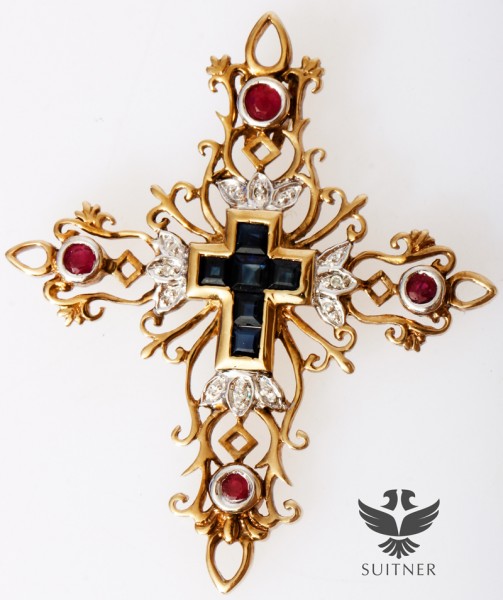 großer Kreuz Anhänger mit Saphir Rubin Diamant Besatz XL aus Gold 5cm Unikat