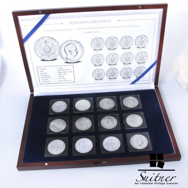 Sammlung 12 x 5 Mark Deutsches Reich Wilhelm II 12 Stück von1893 bis1908 SS