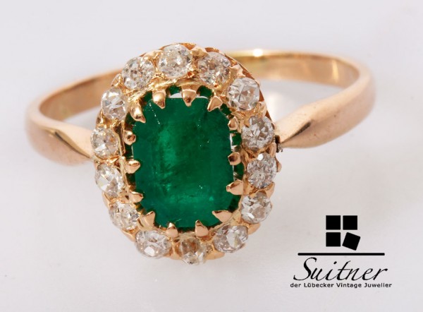 antiker Entourage Ring mit Smaragd und Diamanten 750 Roségold 56 Gold