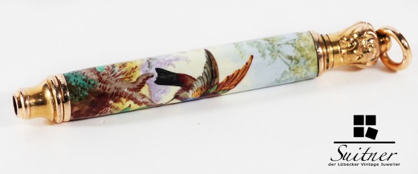antiker Stift aus Gold Kettenstift feinste Emaille Vogel Blumen chinesischer Markt China