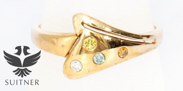 wertvoller Brillant Ring 585 Gold mit farbigen Diamanten Blau Gelb Orange Gr. 61