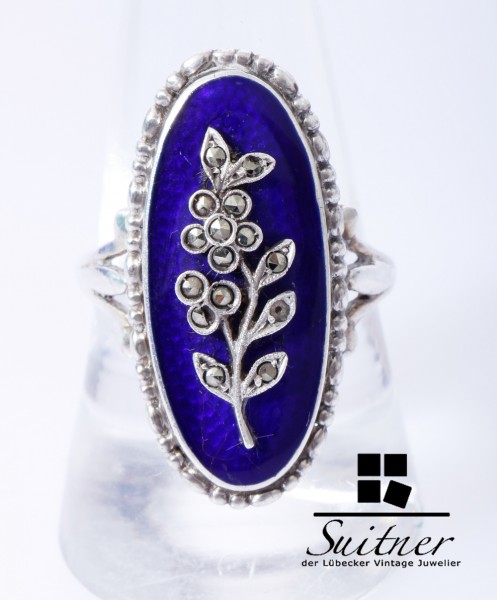 Schöner Jugendstil Ring 900 Silber mit blauer Emaille Markasit Besatz antik