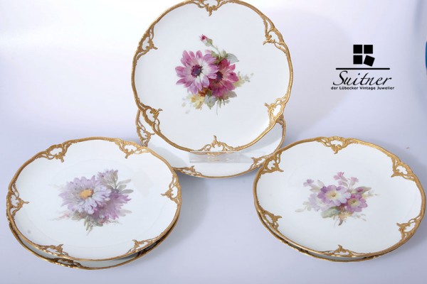 6 wunderschöne Zierteller mit Bouquet-Malerei - KPM - Weichmalerei - um 1910