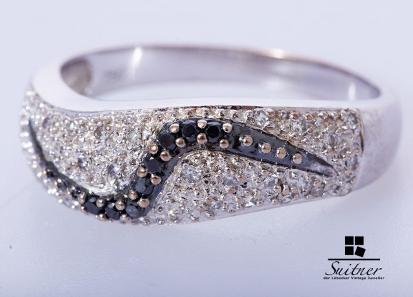 moderner 750 Weißgold Ring Gr. 59,5 weiße und schwarze Diamanten