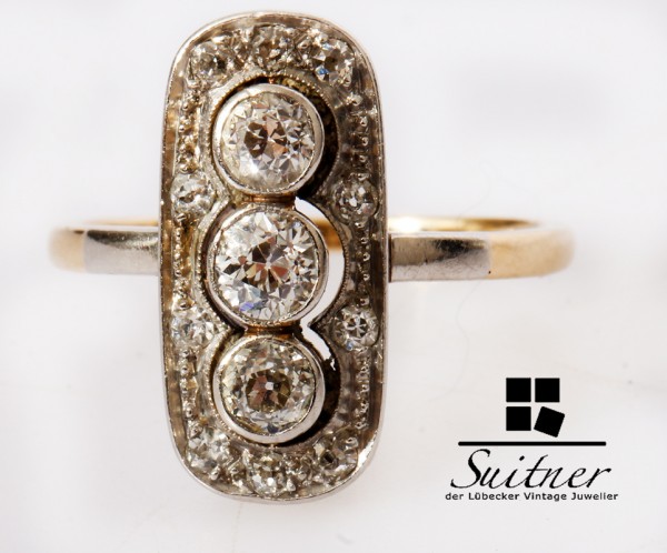 Jugendstil Ring Altschliff Diamant 585 Gold Schiffchen Gr. 50