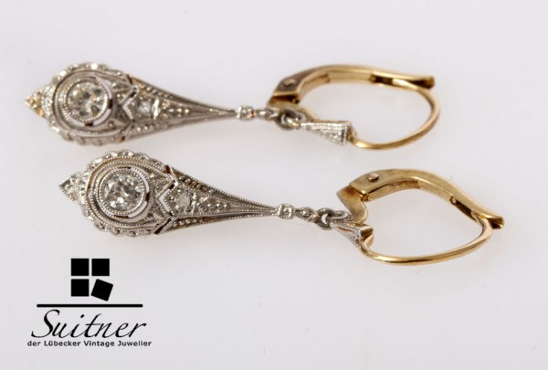 antike Art Deco Ohrhänger 585 Gold Altschliff Diamanten und Brillanten