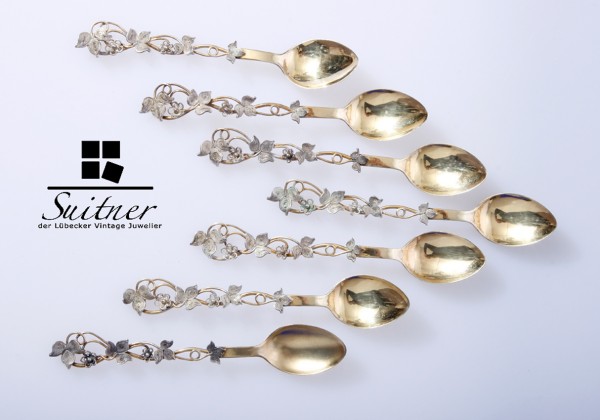 7 feine Jugendstil-Kaffeelöffel aus 900er Silber, teilweise vergoldet