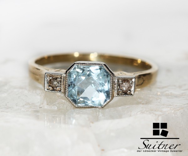 Art Deco Ring mit Aquamarin und Rubin aus 585 Gold