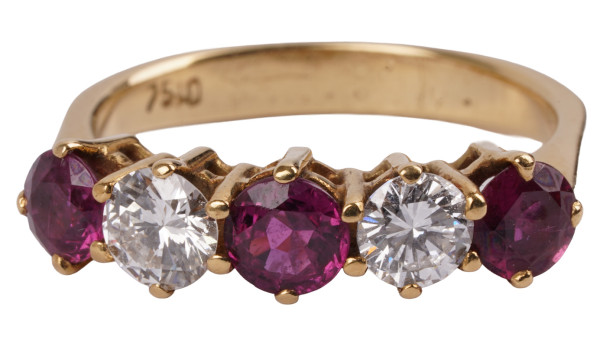 5 Stein Ring mit 1,68ct. Taubenblut Rubin und Brillanten 750 Gold Handarbeit