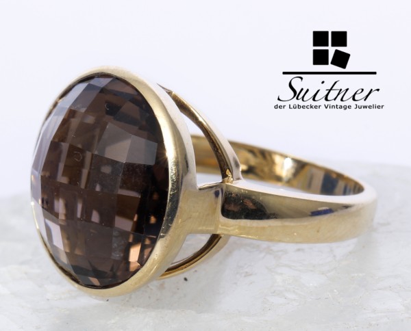 prächtiger Rauchquarz Ring aus 585 Gold Gr. 56 XL Stein facettiert