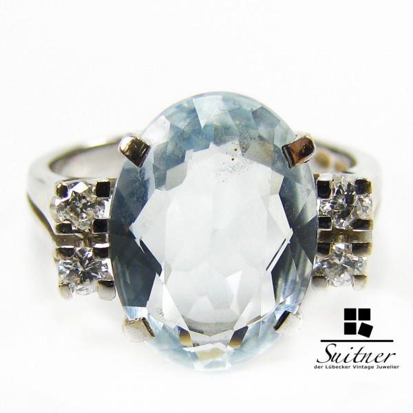 Antiker feiner Aquamarin im hellen Blau 0,20ct. Brillanten Ring 585 Gold Gr. 60