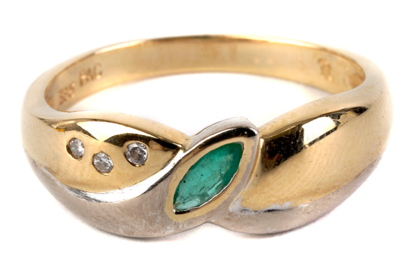 moderner Ring mit Smaragd und Diamanten aus 585 Gold RG 54 Navette Grün Emerald