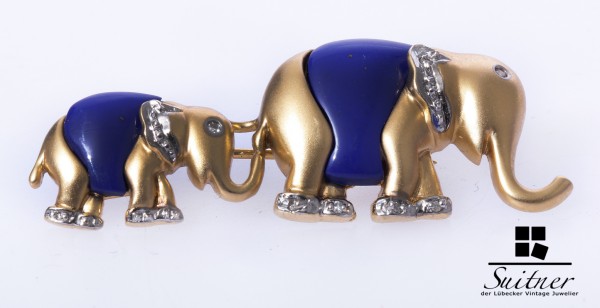 große Elefanten Brosche 585 Gold Lapislazuli Blau mit Diamanten Glück
