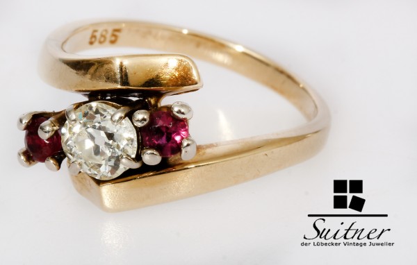 Antiker 0,72ct. Rubin Diamant Ring 585 Gold Altschliff Gr. 54 Cross Over