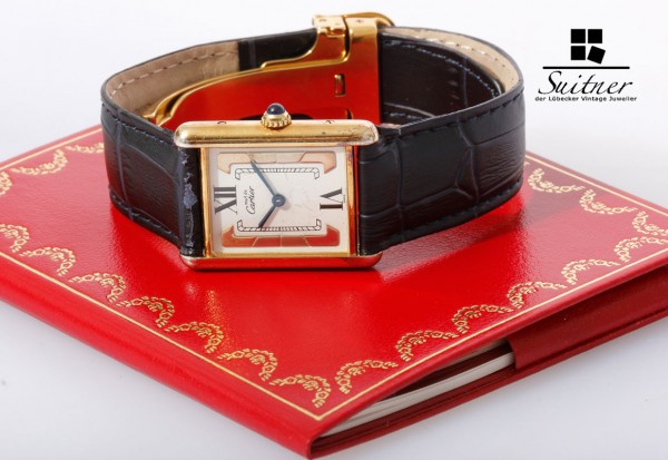 Cartier Tank Vermeil Medium Tricolor Damenuhr mit Faltschließe und Papieren
