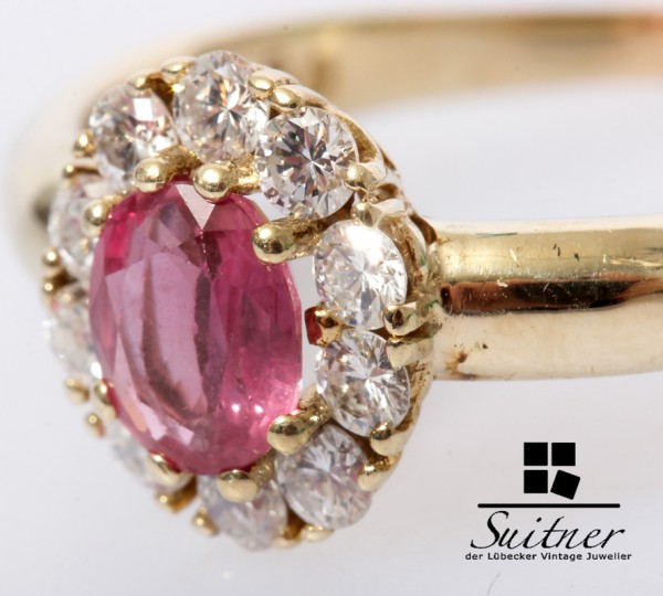 Vintage 1,15ct. Entourage Rubin Ring Brillanten Ring 585 Gold Gr. 64 Burma
