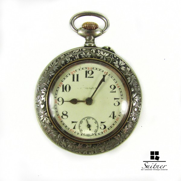 Antike Taschenuhr Hungaria Silber Blatt Dekor Jugendstil funktionstüchtig
