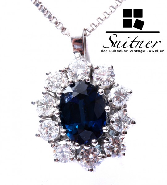 Collier Saphir Brillant zus. ca. 1,00 ct. Anhänger + Kette 585 Weißgold