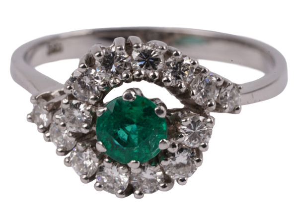 Vintage 1,38ct. Smaragd Brillant Ring aus 585 Weißgold gefertigt Gr. 62 Unikat