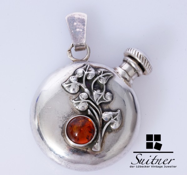 antiker Silber Flacon Anhänger mit Bernstein Jugendstil Parfüm Floral Amber