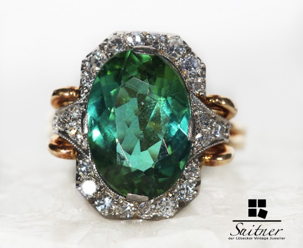 antike Turmalin Ring Juweliers Kunst 585 Gold Platin Diamanten Vintage