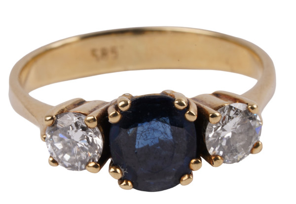 Vintage Unikat 3-Stein 1,48ct. Ring mit Saphir und Brillanten Ring 585 Gold