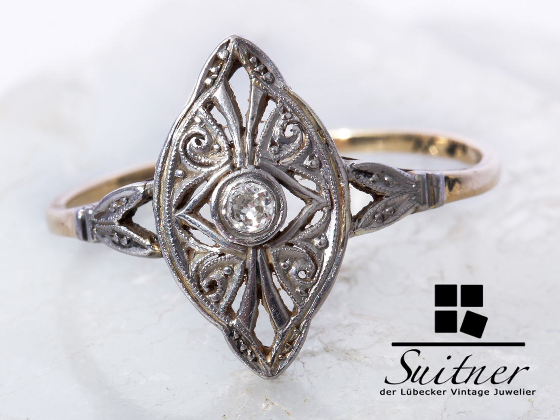 Antiker Art Deco Ring Mit Diamant 585 Gold Grosse 53 Schiffchen Navette Juwelier Archiv Der Lubecker Vintage Juwelier Dennis Suitner E K