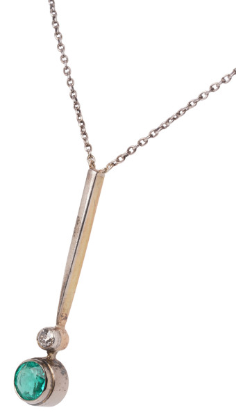 Art Deco Lavalier Diamant Smaragd Collier 42cm 585 Weißgold Muzo Emerald