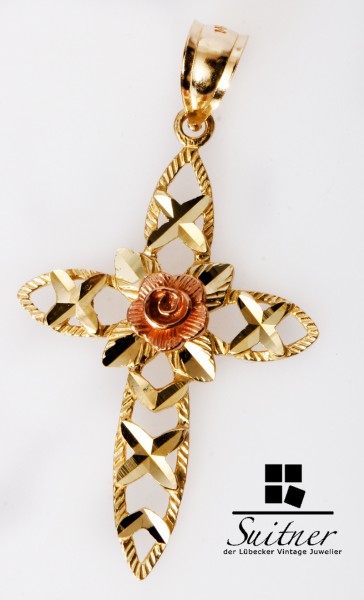feiner Kreuz Anhänger 585 Gold mit Rosenblüte Blume Gott Cross
