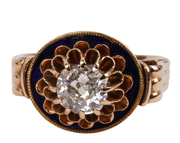Antiker 1,30ct. Diamant Ring aus 585 Gold mit blauer Emaille und Altschliff Unikat VSI