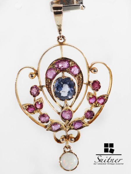 antike Jugendstil Anhänger mit Ceylon Saphir aus Gold