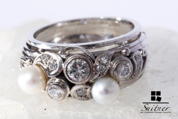 aimposanter Art Deko Ring Weißgold 585 Brillanten und Perlen