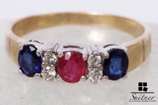 585 Gold Ring Brillanten Rubin Saphir Gr. 53,5