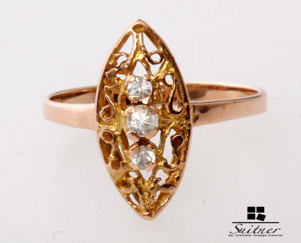 zierlicher Schiffchenring 585 Roségold Ring Gr. 53 3 Steine Rotgold Navette