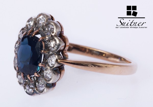 Ring 585 Gold Saphir 12 Diamanten antik um 1900 Gr. 54