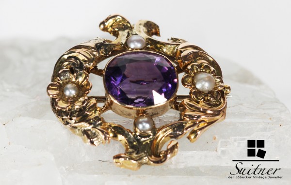 prachtvolle Brosche Antik Amethyst Biedermeier Halbperlen Gold