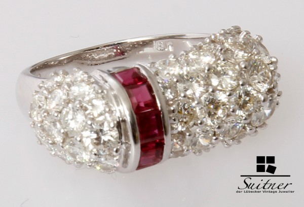 Art Deco 4,40ct. Brillant Bandring mit Rubinen 750 Weißgold Gutachten