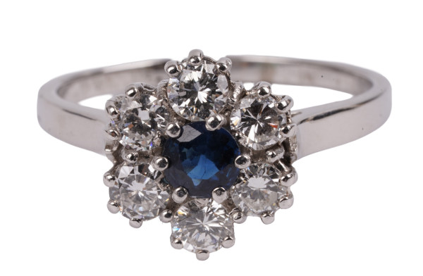 Vintage Juwelen Ring mit 1,73ct Saphir Brillanten Ring aus 585 Weißgold Gr. 62