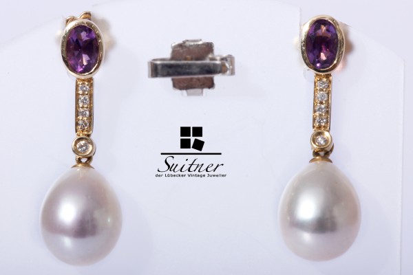 Süßwasserzuchtperlen Ohrhänger mit Brillanten und Amethyst aus Gold